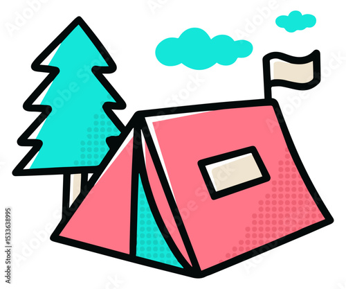 Vector Illustration of a Camping Tent and Pine Tree in Nature