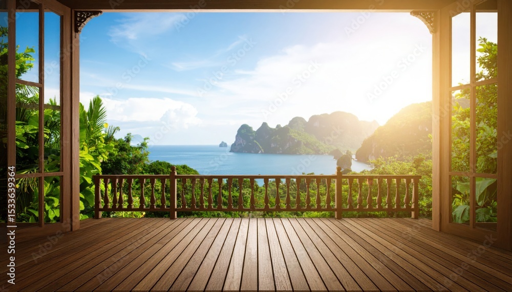 Fototapeta premium Breathtaking sunrise over coastal landscape tropical balcony view photography serene environment