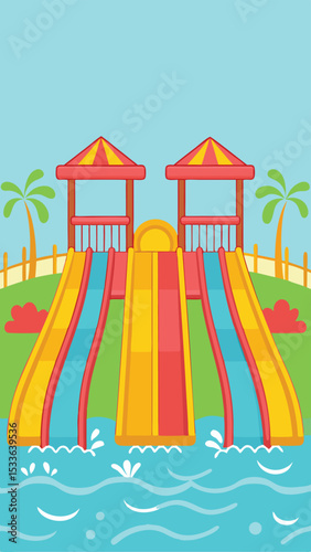 Fun water park illustration featuring colorful water slides with palm trees and clear blue sky