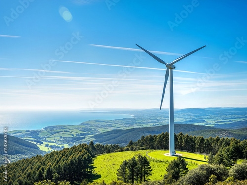 windmill turbine on top hill againts blue sky background