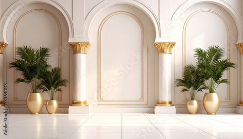Elegant interior design featuring golden columns and green plants modern space minimalist style bright lighting