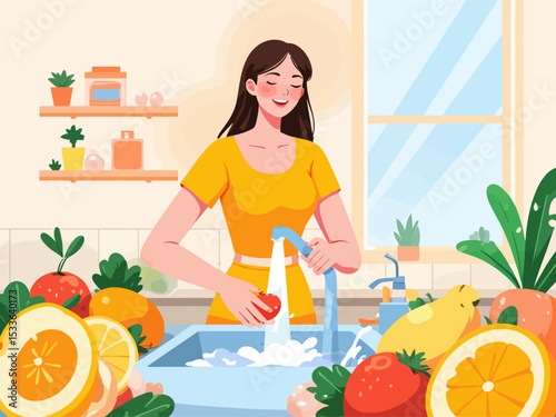 Woman hands washing fresh fruits in sink