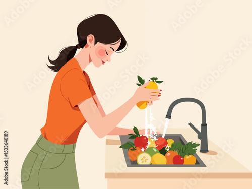 Woman hands washing fresh fruits in sink