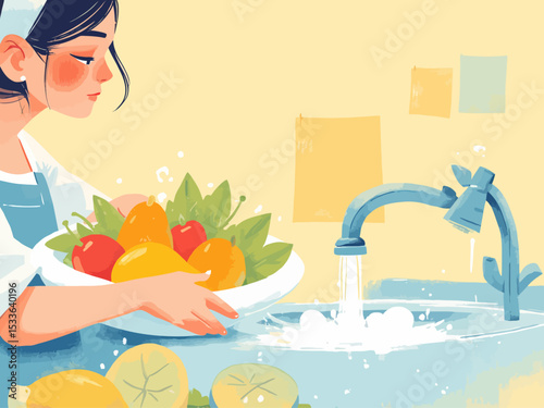 Woman hands washing fresh fruits in sink