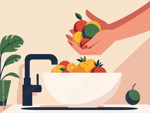 Woman hands washing fresh fruits in sink