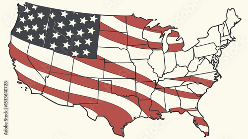 Illustration of the united states map overlaid with an american flag design with stars and stripes