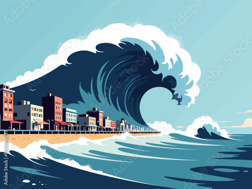 Towering Tsunami Waves Engulf Coastal City