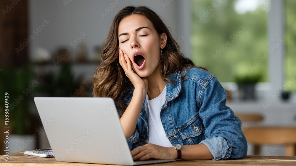 Fototapeta premium Tired young woman yawning at laptop