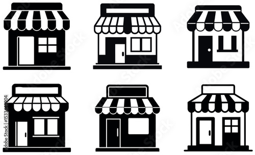 Collection of Six Black and White Storefront Icons with Awnings and Various Door and Window Designs