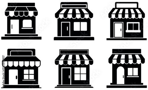 Six Storefront Icon Variations A Black and White Featuring Unique Awning Designs
