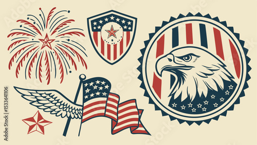 Illustration featuring american flag, eagle, fireworks and patriotic symbols for independence day celebration