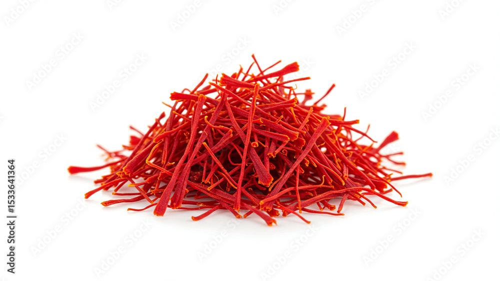 Naklejka premium A vibrant pile of delicate, red saffron threads isolated on a stark white background.
