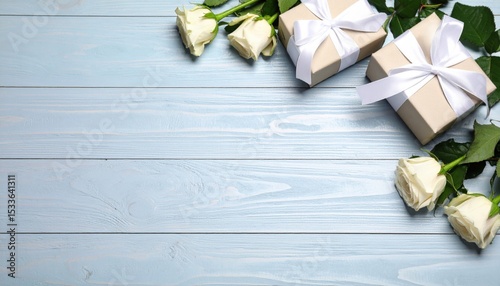 Gift presentation with white roses soft blue background romantic surprise celebratory environment top-down view