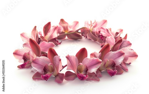 Crown of pink orchids forms a elegant floral arrangement against a white background.
