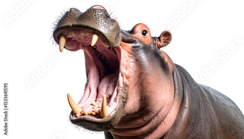 A powerful hippopotamus with its mouth wide open, displaying large teeth and tusks. This image features a transparent PNG background.