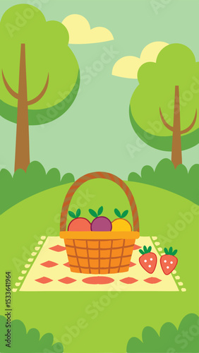 Illustrated cartoon picnic scene with fruits basket blanket trees and a green meadow