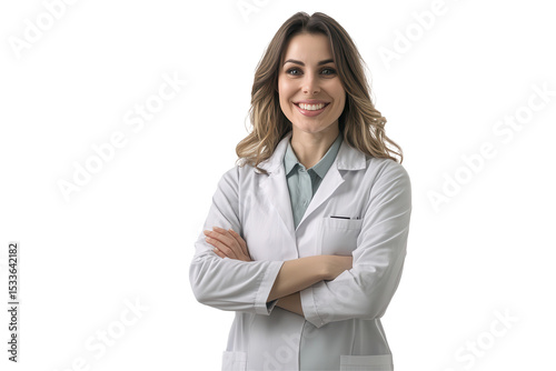 Happy female pharmacist standing confidently in a bright pharmacy surrounded by various medications and healthcare products during working hours