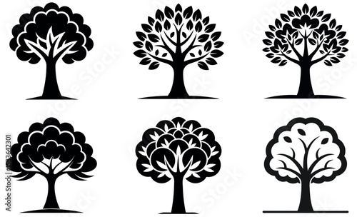 Six Black and White Stylized Trees with Different Foliage Designs Isolated