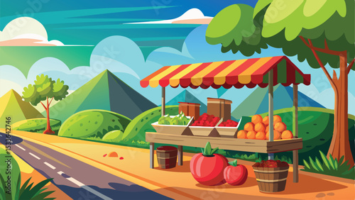 Illustration of a colorful fruit and vegetable stand along a picturesque country roadside