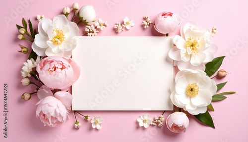Floral arrangement with blank card pink background decorative content elegant environment top view creative concept