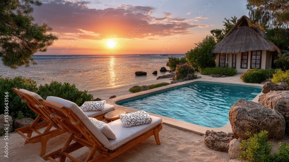 Fototapeta premium Tropical beachfront sunset pool scene