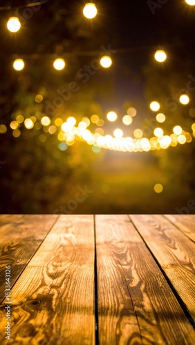 Evening gathering with string lights on wooden table outdoor setting relaxing atmosphere close-up view