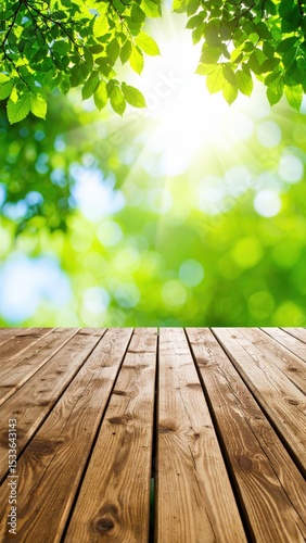 Sunlit wooden deck surrounded by lush green foliage nature outdoor setting tranquil viewpoint