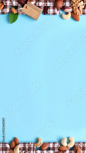 Nutty snack arrangement on a blue background food photography studio setting close-up healthy lifestyle