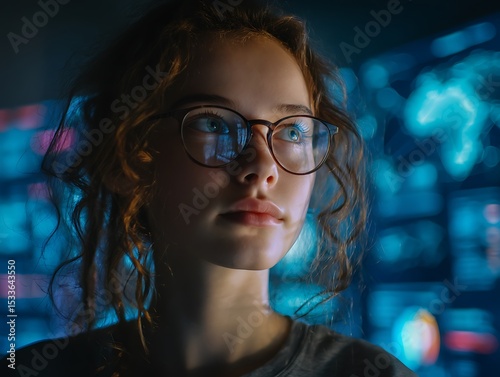 Teenage girl participating in an online class about AI ethics, holographic lecture projections in background, serious face, thoughtful engagement with future tech topics  photo