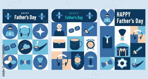Happy Father's Day Icons elements, set of three trendy geometrical pattern concept art style. Vector flat design banner, poster and greeting card.