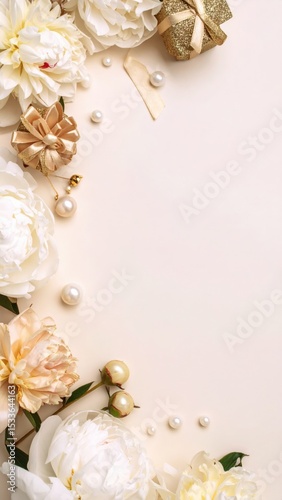 Elegant floral arrangement with pearls and gifts studio setting still life photography minimalist design