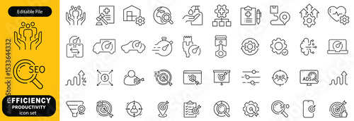 Set of efficiency related line icons. Productivity, optimization, improvement vector design, etc icon set