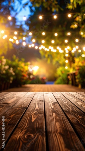 Outdoor evening gathering with twinkling lights garden deck photography serene ambiance low angle festive atmosphere