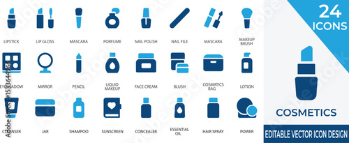 Elegant flat vector icons representing essential cosmetics and makeup tools. Perfect for beauty apps, salon branding, and skincare product visuals.