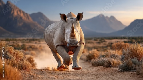 White rhino running through dusty plains