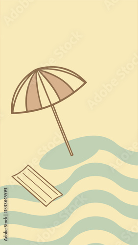 Minimalist beach scene featuring umbrella and sunbathing mat on white or transparent background