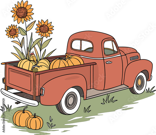 Fall Autumn car vector, pumpkin and sun flower vector design.