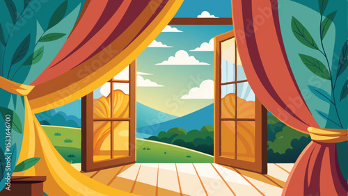 Open window view of landscape with curtains and nature illustration on transparency