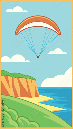 Paragliding adventure over a coastal landscape depicted in vibrant flat illustration