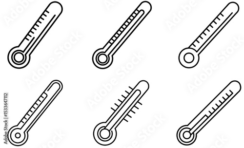 Collection of Line Art Thermometer Icons Showing Varying Temperatures, Isolated on White Background