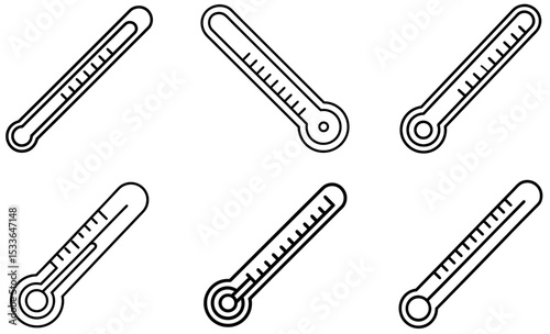 Six Black Outline Thermometer Illustrations Showing Varying Temperature Levels on a White Background