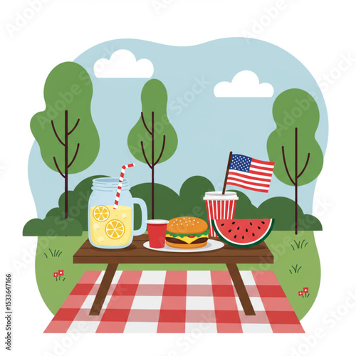 breakfast on the table in park Independence Day barbecue