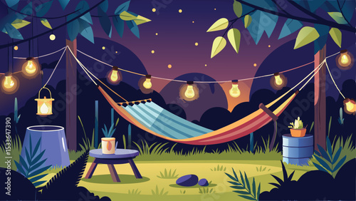 Peaceful night scene featuring hammock and string lights with lush greenery