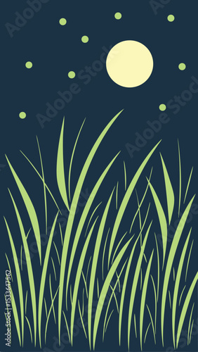 Peaceful summer meadow night scene silhouette with fireflies and glowing sky elements