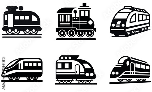 Train Illustration Set Black and White Images of Various Locomotive Styles on a White Background