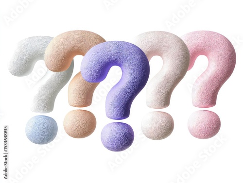 Glossy pastel question marks, colorful symbols in light pink, green, blue, beige, purple, and yellow isolated on white background
