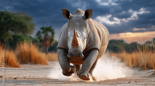 White rhinoceros running through savanna
