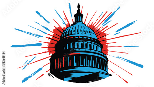 Illustration of the united states capitol building with red and blue burst effects around it