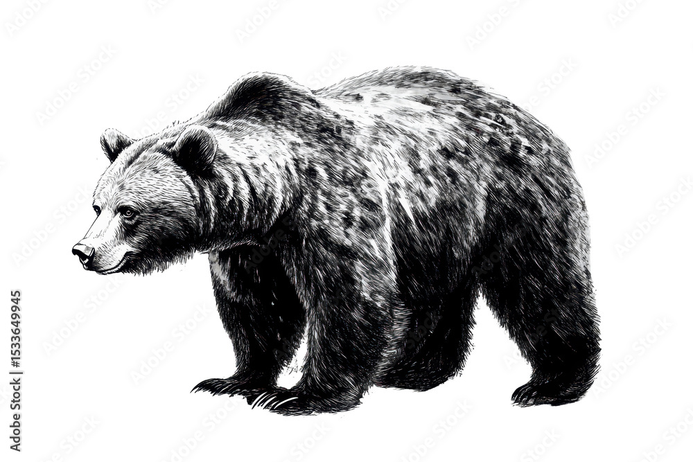 Fototapeta premium Grizzly bear sketch showcasing intricate details and strong presence in a natural setting with a focus on its side profile and unique fur textures