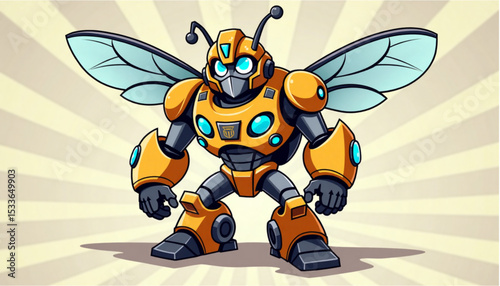 Cartoon bumblebee robot with blue accents on the background of a light explosion, a colorful and imaginative concept